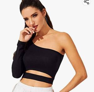 lot 37014 image: SweatyRocks Womens Cutout Waist Long Sleeve One Shoulder Crop Top T Shirt Medium