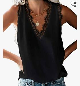 lot 37021 image: BLENCOT Women Lace Trim Tank Tops V Neck Fashion Casual Sleeveless Blouse Vest Shirts Medium
