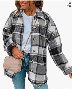 lot 37027 image: Plaid Shacket Jacket Long Sleeve Button Down Flannel Shirts Fashion Blouse Medium