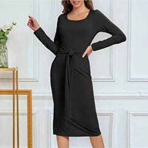 lot 37059 image: Temperament Solid Color Long Sleeve Binding Slit Long Dress Medium