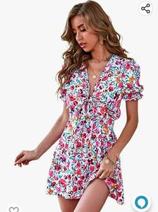 lot 37061 image: Floerns Womens Ditsy Floral Plunge Neck Knot Front A Line Short Dress Medium