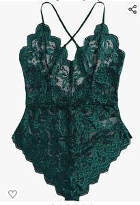 lot 37086 image: SOLY HUX Womens Floral Lace Scalloped Trim Criss Cross Back Lingerie Teddy Bodysuit Large