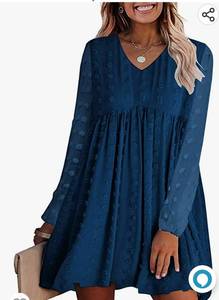 lot 37088 image: KIRUNDO 2023 Spring Summer Womens Dresses Long Sleeve Short Mini Dress V Neck Flowy Casual Swiss Dot Loose Babydoll Dress Small