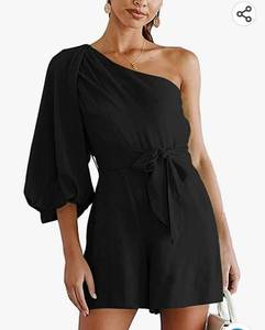 lot 37092 image: Womens One Shoulder Puff Half Sleeve Ruched Tie Front Belt Romper Jumpsuit Medium