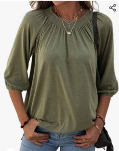 lot 37107 image: Womens Solid Crew Neck T Shirt Blouse Cotton Half Sleeve 34 Sleeve Casual Loose Pleated Basic Tops XL