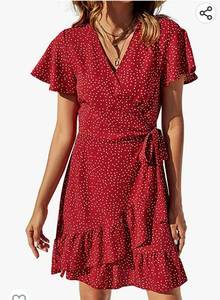 lot 37122 image: Naggoo Womens Summer Wrap V Neck Polka Dot Print Ruffle Short Sleeve Mini Floral Dress with Belt Medium
