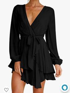 lot 37123 image: Womens Dress Deep V-Neck Long Sleeve Waist Tie Ruffle Mini Swing Skater Dresses Medium