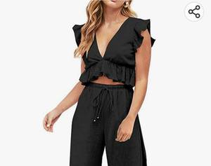 lot 37136 image: FANCYINN Womens 2 Pieces Outfits Deep V Neck Crop Top Side Slit Drawstring Wide Leg Pants Set Jumpsuits Medium