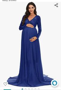 lot 37138 image: ZIUMUDY Maternity V Neck Chiffon Photography Gown Long Sleeve Lace Stitching Maxi Dress for Baby Shower Medium