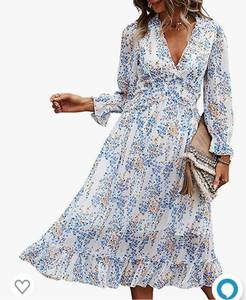 lot 37156 image: MOPOOGOSS Womens Fall Spring Summer Sexy V Neck Ruffle Long Sleeve Short Sleeve Floral Print A Line Long Midi Dress XL