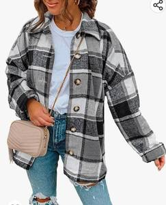 lot 37163 image: Womens Long Sleeve Plaid Shirts Flannel Lapel Button Down Shacket Jacket Coats Large