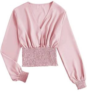 lot 40767 image: Womens V Neck Shirred Polka Dots Long Sleeve Frill Crop Blouse Shirt Tops Large
