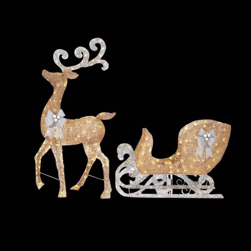 lot 6200 image: 65 in. LED Lighted Gold Reindeer and 46 in. LED Lighted Gold Sleigh with Silver Bows