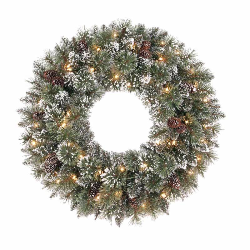 lot 6221 image: Martha Stewart Living 30 in. Pre-Lit Sparkling Artificial Wreath with Clear Lights, Snow and Pinecones SPN-W-15850C1