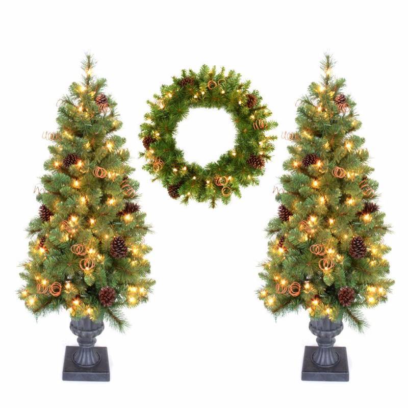 lot 6223 image: Double 4 ft. Pot Tree Artificial Christmas Tree and 24 in. Wreath with Clear Lights, Pinecones, Greens