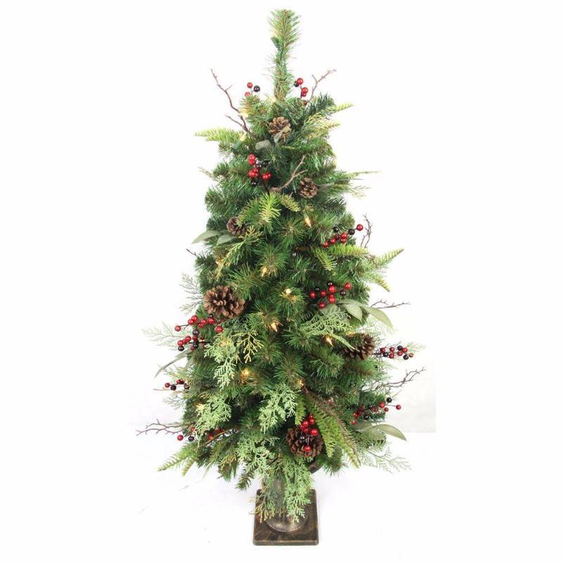 lot 6231 image: 4 ft. Pre-Lit Woodland Tales Artificial Porch Tree with 50 Clear Lights, Pinecones and Red Berries, Greens