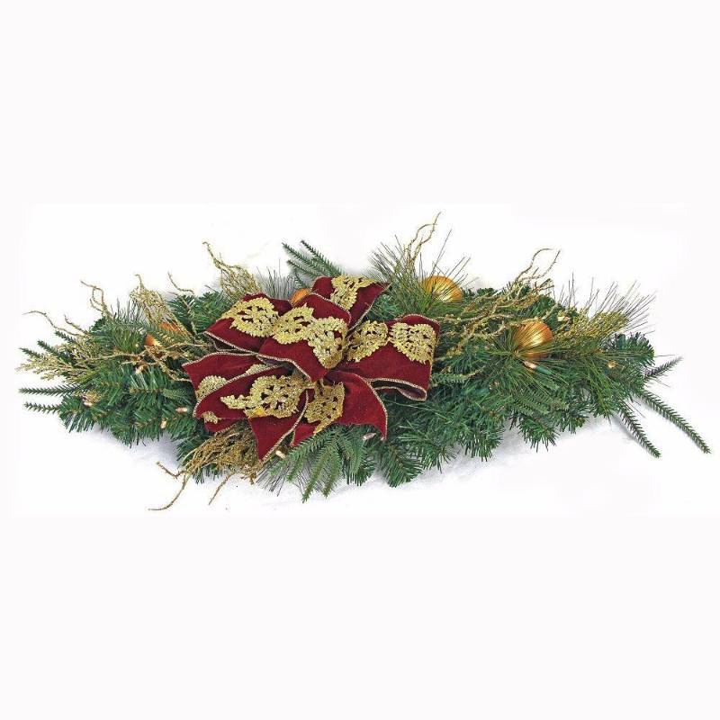 lot 6253 image: 36 in. LED Pre-Lit Valenzia Artificial Centerpiece Swag with Red and Gold Ribbon, 35 Battery-Operated Warm-White Lights