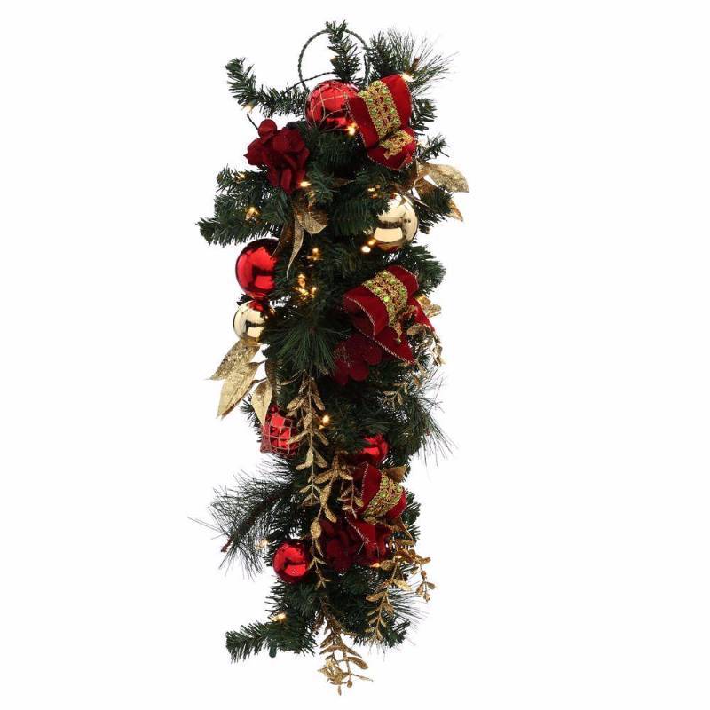 lot 6287 image: Home Accents Holiday 32 in. Cordless Pre-Lit LED Plaza Red and Gold Teardrop Swag with 35-Lights BOWOTHD173B