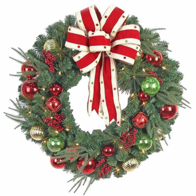 lot 6296 image: 32 in. LED Pre-Lit Jolly Artificial Christmas Wreath with Ribbons, Baubles and 50 Battery-Operated Warm-White Lights