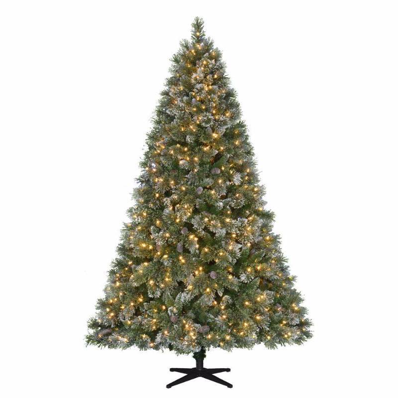 lot 6308 image: 7.5 ft. Pre-Lit LED Sparkling Pine Quick-Set Artificial Christmas Tree with Warm White Lights and Pinecones, Greens