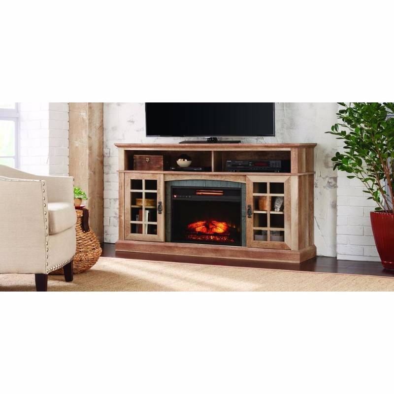 lot 6334 image: Brookdale 60 in. Media Console Infrared Electric Fireplace in Natural Beige Driftwood Finish