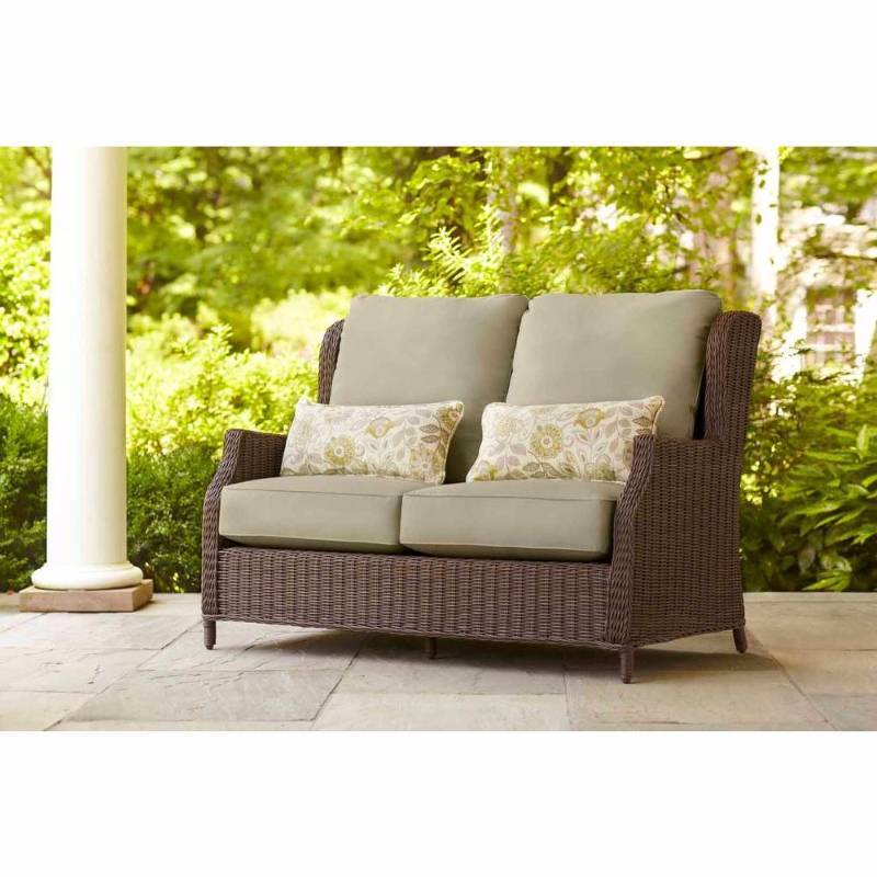 lot 6345 image: Vineyard Patio Loveseat in Meadow with Aphrodite Spring Lumbar Pillows -- STOCK