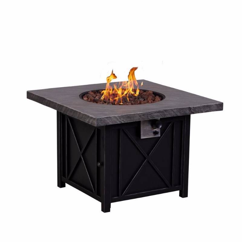 lot 6352 image: Afterglow Cottage 34 in. Square Terrafab Slate Look Top with Steel Base Propane Gas Fire Pit, Powder Coated Black Finish With Brushed Silver Accent