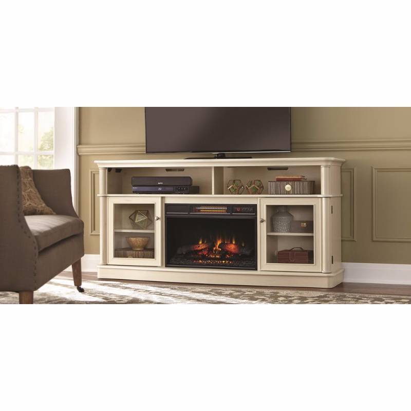 lot 6360 image: Tolleson 68 in. Media Console Infrared Bow Front Electric Fireplace in Antique White