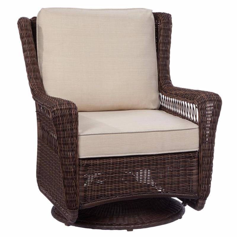 lot 6361 image: Hampton Bay Park Meadows Brown All-Weather Wicker Motion Patio Lounge Chair with Beige Cushion