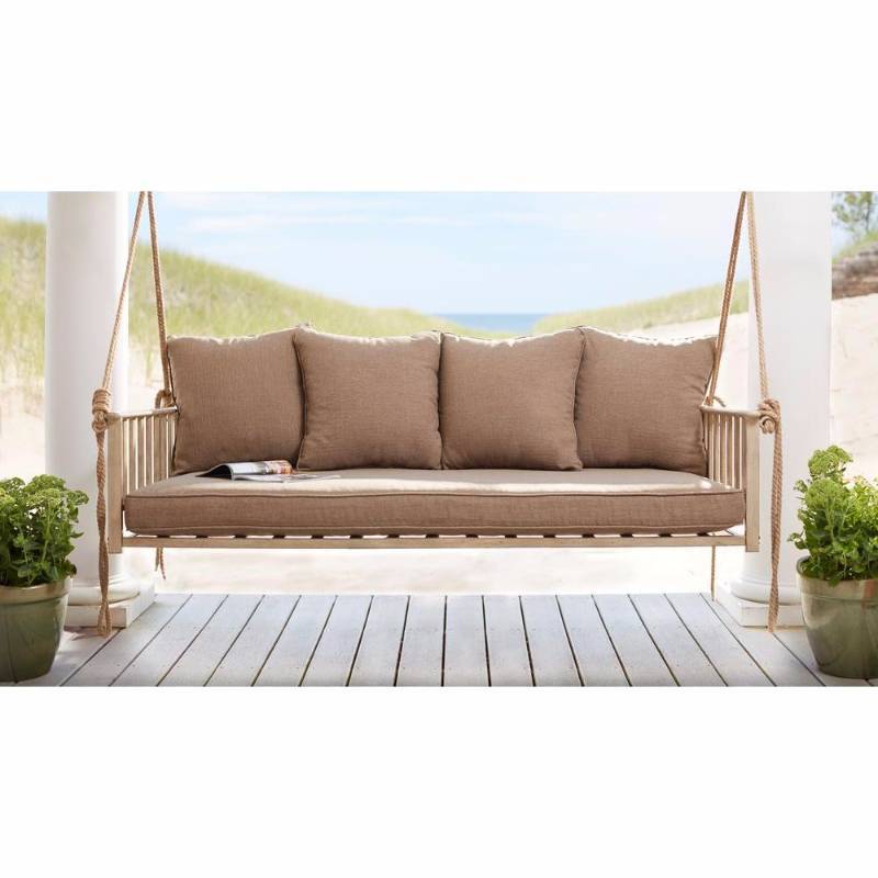 lot 6374 image: Cane Patio Swing with Square Back Cushions