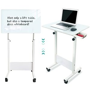 lot 65335 image: KOUPA Writing Standing Desk, Writable Tempered Glass Desktop with Eraser, Adjustable Small Desk, 360° Flip Up and Down at Will with Wheels, 24 x 16 in, White��Adjustable Height 32-47 in��