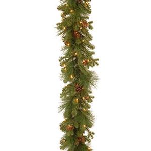 lot 65339 image: National Tree Company Pre-Lit Feel Real Artificial Christmas Garland, Green, Eastwood Spruce, White Lights, Decorated With Pine Cones, Plug In, Christmas Collection, 9 Feet