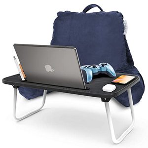 lot 65354 image: Nestl Reading Pillow with Portable Laptop Lap Desk, Velvet Feel Back Pillow for Sitting in Bed, Shredded Memory Foam Back Support Pillow for Bed, Bed Rest Pillow with Arms, Standard - Navy