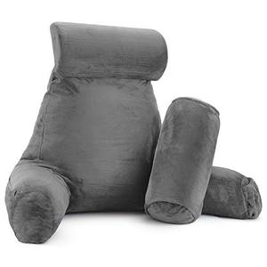 lot 65414 image: Clara Clark Reading Pillow Adult, Back Pillow for Sitting in Bed - Shredded Memory Foam Reading & Bed Rest Pillow with Arms and Pockets - Bed Pillows for Sitting Up in Bed - Large, Gray
