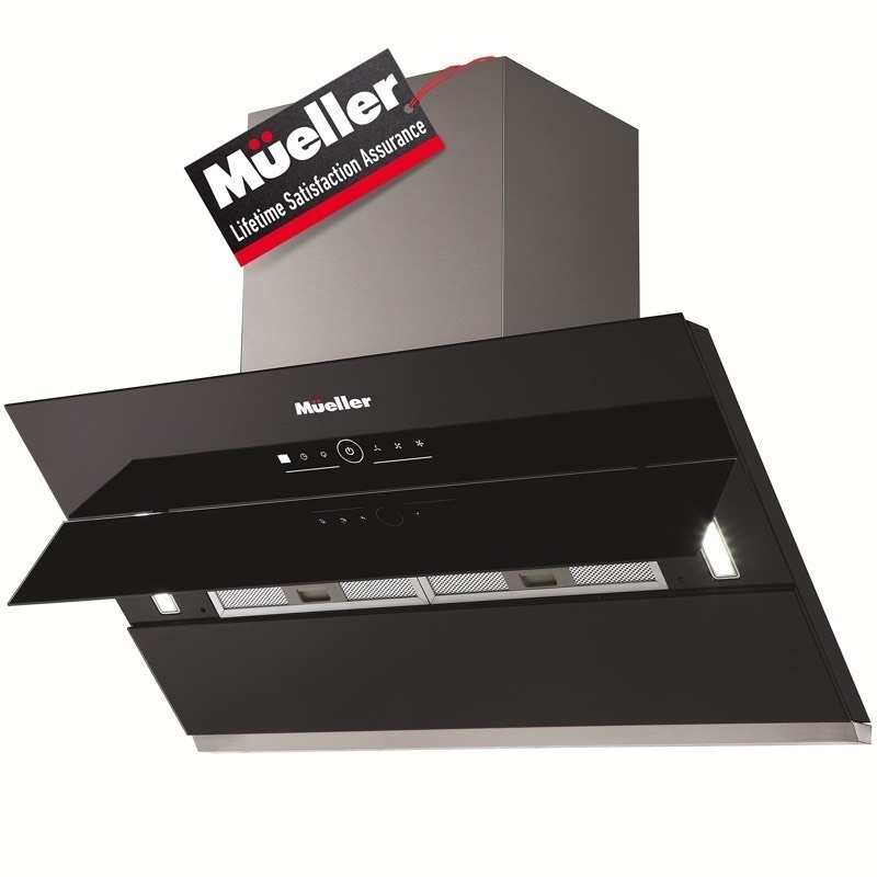 lot 140 image: Mueller Deluxe 36 High Air Flow Modern Eurocentric Style Wall Mount Satin Finish & Black Tempered Glass LED Touch Control Oven Range Hood Vent Cooking Fan