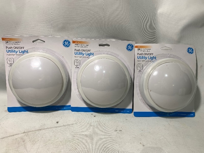 lot 142 image: 3 New GE Indoor No Wire Push ONOFF Utility Lights