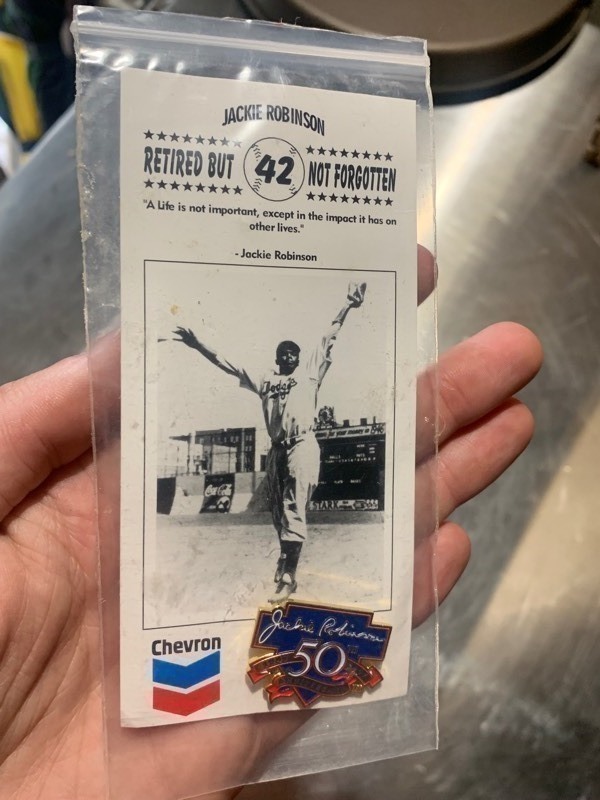 lot 415 image: Set of 3 Vintage Jackie Robinson 50th Anniversary Tack Pins w Chevron Card