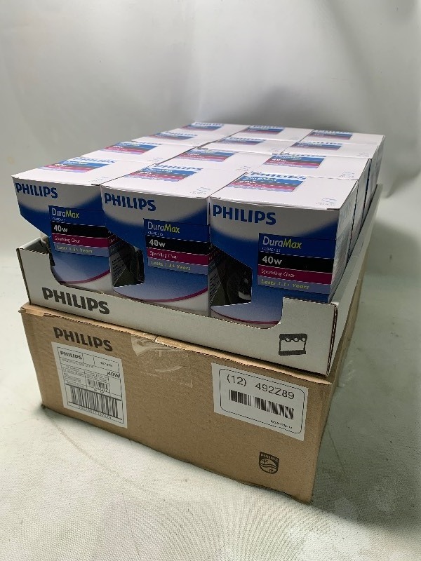 lot 211 image: New Box of 12 Philips DuraMax Globe G25 40w Sparkling Clear Light Bulbs