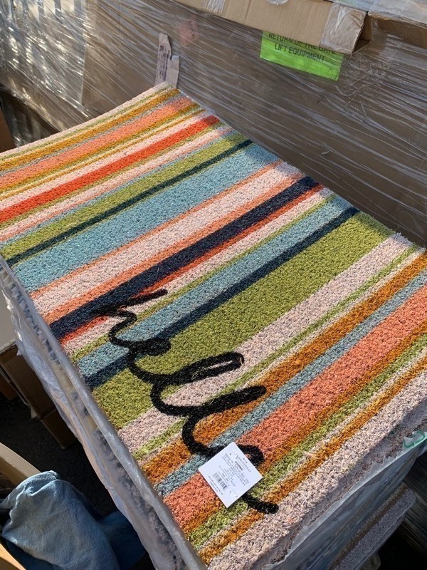 lot 550 image: New Threshold 18x30 Colorful Stripes Hello Doormat
