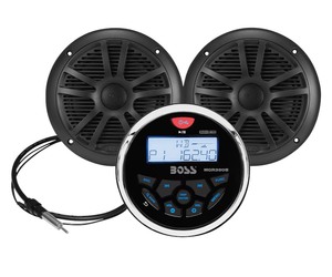 lot 79 image: Boss Audio Systems In-Dash Gauge AMFM Digital Bluetooth Media Receiver Bundle with Two 6.5 Marine Speakers and Marine Antenna