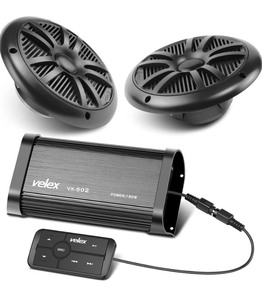 lot 80 image: Velex Wireless Amplifier 180 Watts Peakpower Bluetooth VX 502S Marine IPX6 Rated Speaker Package