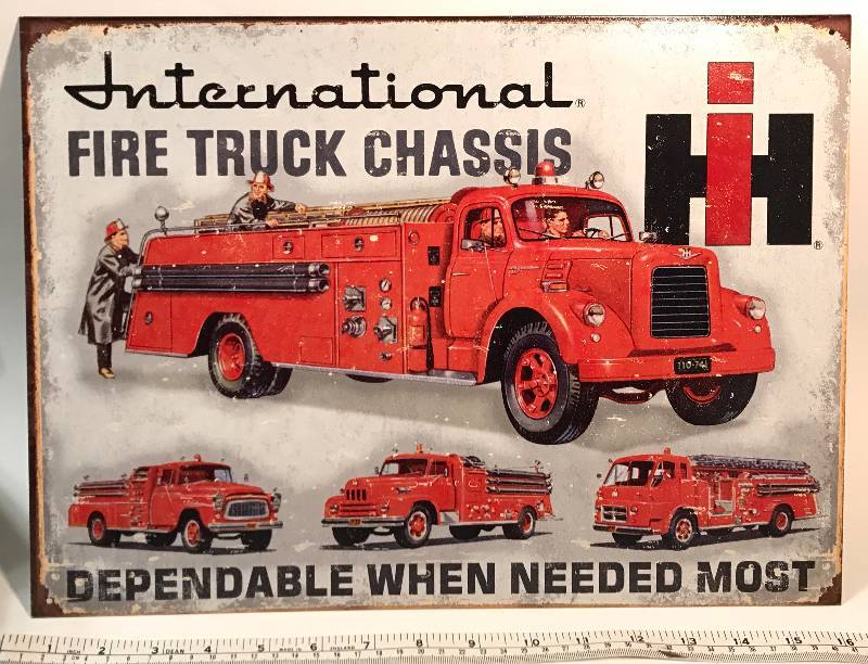 lot 3239 image: Nostalgic Metal Firtruc sign INTERNATIONAL FIRETRUCK