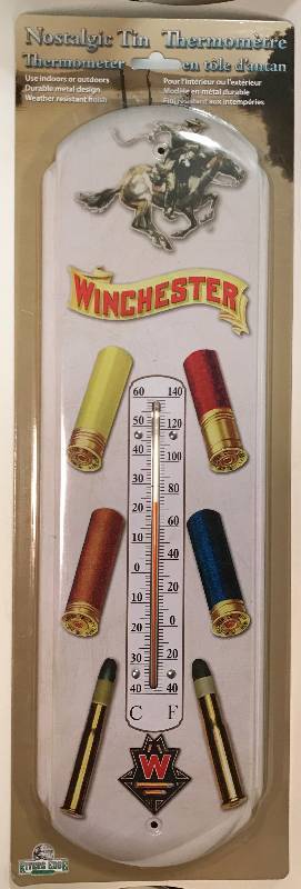 lot 3249 image: Nostalgic Tin Thermometer WINCHESTER SHOTGUN RIFLE SHELL TEHEMED