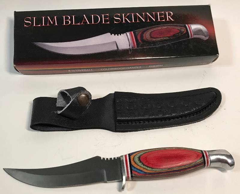 lot 3256 image: Knife Colored Wood Handle and sheath 8.5 overal length NEW IN BOX