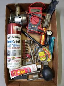 lot 133 image: Tools, LeakSeal, Multimeter, Flashlight,Coolest Tester Files, Drill Bits