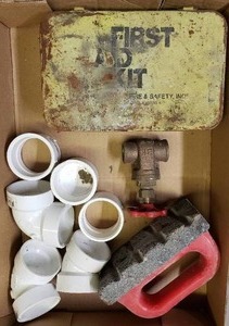 lot 134 image: Plumbing Pieces, Faucet, Vintage First Aid Kit Box , Surface Finisher
