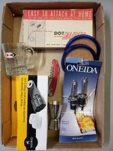 lot 136 image: Vintage Snap Setter, A&W Mug, Water Filter, Liquor Pourer, Coasters, Shot Measure, Corker