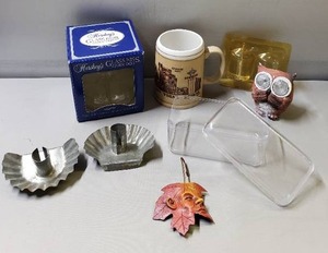 lot 146 image: Glass Hershey kiss, Las Vegas Beer Stien, Gel Votive, Leaf Art, Solor Owl, Pillar Candle Holders, Clear Storage Box