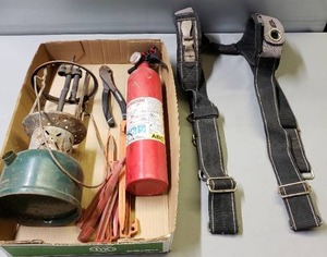lot 150 image: Safety Harness, Fire Extinguisher, Tent Stakes, Coleman Lantern for parts ,plyers, Tools