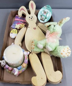 lot 40 image: NEW In PACKAGE Easter Basket Stuffers, Decoeations, Pillar Candle & Holder, Stuffed Bunny